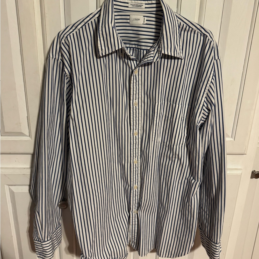 J. Crew Men's Navy and White Striped Dress Shirt
